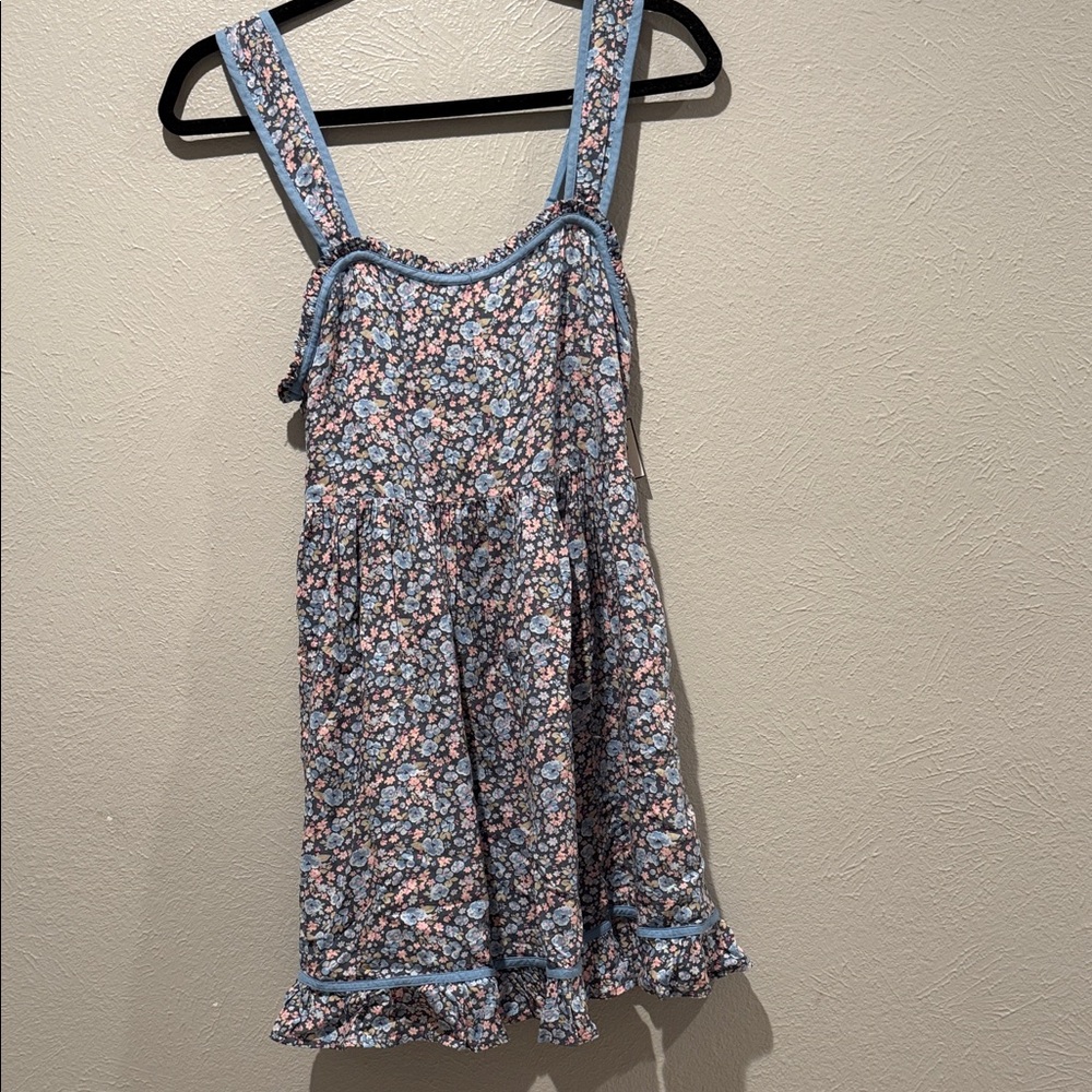 Blue Floral Sundress with Ruffled Hem